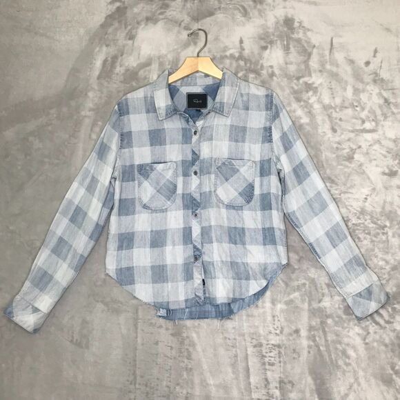 Rails Top Womens Large Buffalo Plaid Chambray Crop Raw Hem Long Sleeve AS IS - Picture 1 of 11